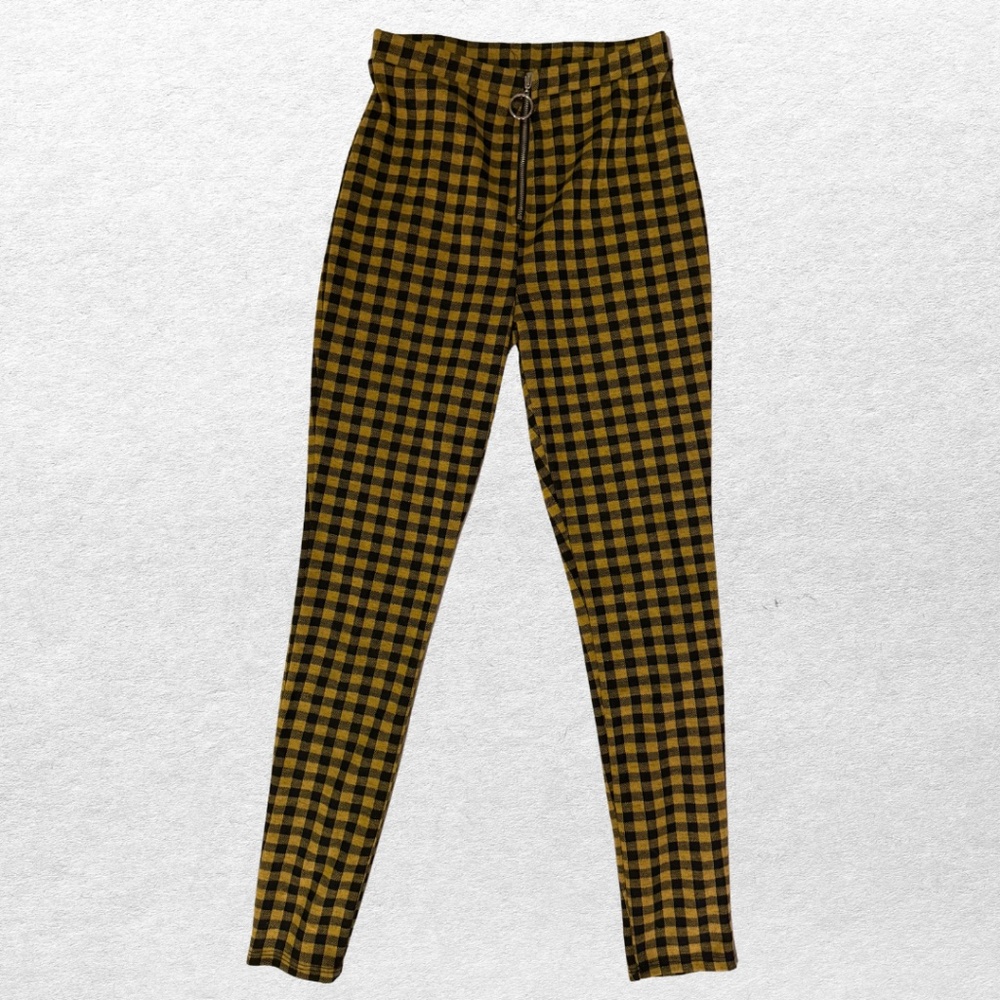 Charlotte Russe Yellow & Black Plaid Skinny Pants with O-Ring Zipper - Size Smal
